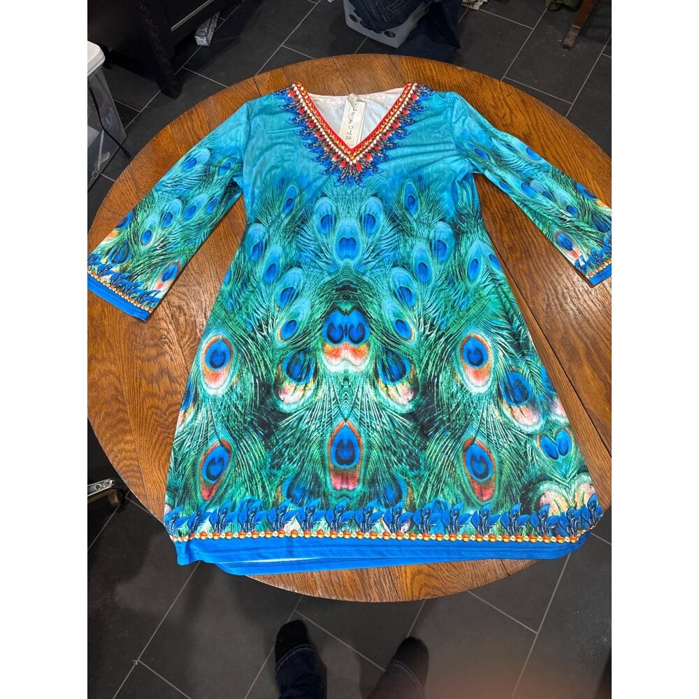 La Moda XL Sheath Dress Peacock Print Hand Embellished Beading Crystals